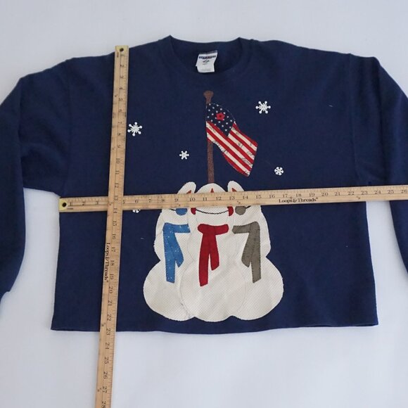 Vintage Jerzees Blue Sweater Snowman Flag Cotton Holiday Festive Snowflakes L - Picture 3 of 10